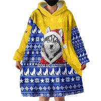 Bosnia and Herzegovina Christmas Wearable Blanket Hoodie with Husky Dog Santa Hat and Blue Yellow Snowflake Pattern - Wonder Print Shop