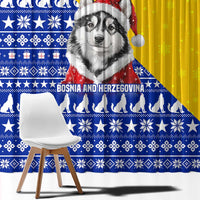 Bosnia and Herzegovina Christmas Window Curtain with Husky Dog Santa Hat and Blue Yellow Snowflake Pattern - Wonder Print Shop