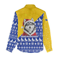 Bosnia and Herzegovina Christmas Women Casual Shirt with Husky Dog Santa Hat and Blue Yellow Snowflake Pattern - Wonder Print Shop