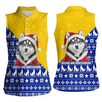 Bosnia and Herzegovina Christmas Women Sleeveless Polo Shirt with Husky Dog Santa Hat and Blue Yellow Snowflake Pattern - Wonder Print Shop