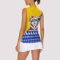 Bosnia and Herzegovina Christmas Women Sleeveless Polo Shirt with Husky Dog Santa Hat and Blue Yellow Snowflake Pattern - Wonder Print Shop