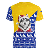 Bosnia and Herzegovina Christmas Women V-Neck T-Shirt with Husky Dog Santa Hat and Blue Yellow Snowflake Pattern - Wonder Print Shop