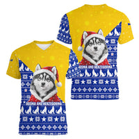 Bosnia and Herzegovina Christmas Women V-Neck T-Shirt with Husky Dog Santa Hat and Blue Yellow Snowflake Pattern - Wonder Print Shop