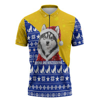 Bosnia and Herzegovina Christmas Zipper Polo Shirt with Husky Dog Santa Hat and Blue Yellow Snowflake Pattern - Wonder Print Shop