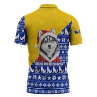Bosnia and Herzegovina Christmas Zipper Polo Shirt with Husky Dog Santa Hat and Blue Yellow Snowflake Pattern - Wonder Print Shop