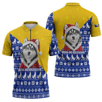 Bosnia and Herzegovina Christmas Zipper Polo Shirt with Husky Dog Santa Hat and Blue Yellow Snowflake Pattern - Wonder Print Shop