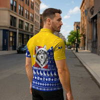 Bosnia and Herzegovina Christmas Zipper Polo Shirt with Husky Dog Santa Hat and Blue Yellow Snowflake Pattern - Wonder Print Shop