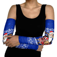 Bosnia and Herzegovina Christmas Arm Sleeves with Santa Playing Traditional Instrument and Blue Snowflake Pattern - Wonder Print Shop