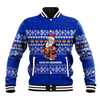 Bosnia and Herzegovina Christmas Baseball Jacket with Santa Playing Traditional Instrument and Blue Snowflake Pattern - Wonder Print Shop