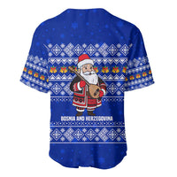 Bosnia and Herzegovina Christmas Baseball Jersey with Santa Playing Traditional Instrument and Blue Snowflake Pattern - Wonder Print Shop