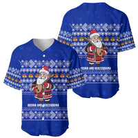 Bosnia and Herzegovina Christmas Baseball Jersey with Santa Playing Traditional Instrument and Blue Snowflake Pattern - Wonder Print Shop