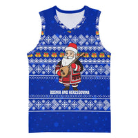 Bosnia and Herzegovina Christmas Basketball Jersey with Santa Playing Traditional Instrument and Blue Snowflake Pattern - Wonder Print Shop