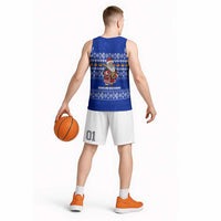 Bosnia and Herzegovina Christmas Basketball Jersey with Santa Playing Traditional Instrument and Blue Snowflake Pattern - Wonder Print Shop