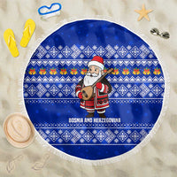 Bosnia and Herzegovina Christmas Beach Blanket with Santa Playing Traditional Instrument and Blue Snowflake Pattern - Wonder Print Shop