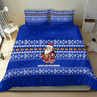 Bosnia and Herzegovina Christmas Bedding Set with Santa Playing Traditional Instrument and Blue Snowflake Pattern - Wonder Print Shop