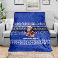 Bosnia and Herzegovina Christmas Blanket with Santa Playing Traditional Instrument and Blue Snowflake Pattern - Wonder Print Shop