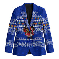 Bosnia and Herzegovina Christmas Blazer with Santa Playing Traditional Instrument and Blue Snowflake Pattern - Wonder Print Shop