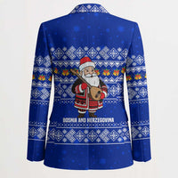 Bosnia and Herzegovina Christmas Blazer with Santa Playing Traditional Instrument and Blue Snowflake Pattern - Wonder Print Shop