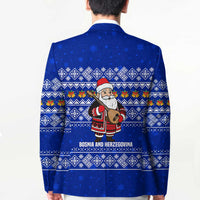 Bosnia and Herzegovina Christmas Blazer with Santa Playing Traditional Instrument and Blue Snowflake Pattern - Wonder Print Shop