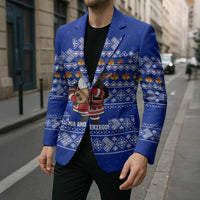 Bosnia and Herzegovina Christmas Blazer with Santa Playing Traditional Instrument and Blue Snowflake Pattern - Wonder Print Shop