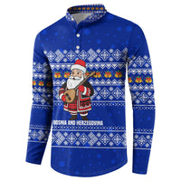 Bosnia and Herzegovina Christmas Button Sweatshirt with Santa Playing Traditional Instrument and Blue Snowflake Pattern - Wonder Print Shop