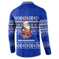 Bosnia and Herzegovina Christmas Button Sweatshirt with Santa Playing Traditional Instrument and Blue Snowflake Pattern - Wonder Print Shop