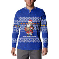 Bosnia and Herzegovina Christmas Button Sweatshirt with Santa Playing Traditional Instrument and Blue Snowflake Pattern - Wonder Print Shop