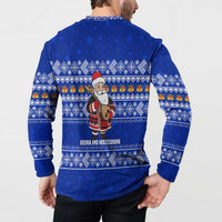 Bosnia and Herzegovina Christmas Button Sweatshirt with Santa Playing Traditional Instrument and Blue Snowflake Pattern - Wonder Print Shop