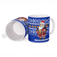 Bosnia and Herzegovina Christmas Ceramic Mug with Santa Playing Traditional Instrument and Blue Snowflake Pattern - Wonder Print Shop