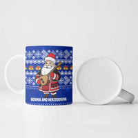Bosnia and Herzegovina Christmas Ceramic Mug with Santa Playing Traditional Instrument and Blue Snowflake Pattern - Wonder Print Shop