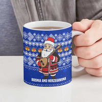 Bosnia and Herzegovina Christmas Ceramic Mug with Santa Playing Traditional Instrument and Blue Snowflake Pattern - Wonder Print Shop