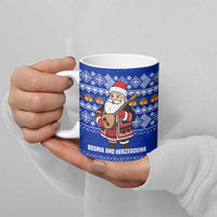 Bosnia and Herzegovina Christmas Ceramic Mug with Santa Playing Traditional Instrument and Blue Snowflake Pattern - Wonder Print Shop