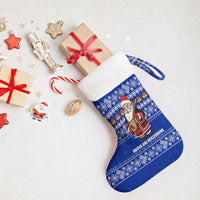 Bosnia and Herzegovina Christmas Stocking with Santa Playing Traditional Instrument and Blue Snowflake Pattern - Wonder Print Shop