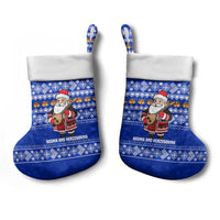 Bosnia and Herzegovina Christmas Stocking with Santa Playing Traditional Instrument and Blue Snowflake Pattern - Wonder Print Shop