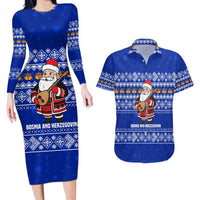Bosnia and Herzegovina Christmas Couples Matching Long Sleeve Bodycon Dress and Hawaiian Shirt with Santa Playing Traditional Instrument and Blue Snowflake Pattern - Wonder Print Shop