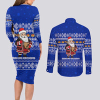 Bosnia and Herzegovina Christmas Couples Matching Long Sleeve Bodycon Dress and Long Sleeve Button Shirt with Santa Playing Traditional Instrument and Blue Snowflake Pattern - Wonder Print Shop