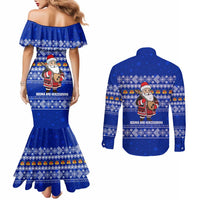 Bosnia and Herzegovina Christmas Couples Matching Mermaid Dress and Long Sleeve Button Shirt with Santa Playing Traditional Instrument and Blue Snowflake Pattern - Wonder Print Shop