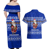 Bosnia and Herzegovina Christmas Couples Matching Off Shoulder Maxi Dress and Hawaiian Shirt with Santa Playing Traditional Instrument and Blue Snowflake Pattern - Wonder Print Shop