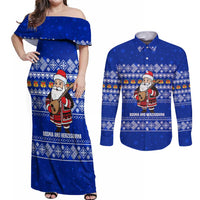Bosnia and Herzegovina Christmas Couples Matching Off Shoulder Maxi Dress and Long Sleeve Button Shirt with Santa Playing Traditional Instrument and Blue Snowflake Pattern - Wonder Print Shop