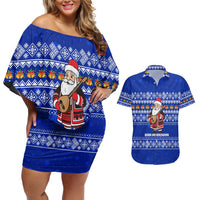 Bosnia and Herzegovina Christmas Couples Matching Off Shoulder Short Dress and Hawaiian Shirt with Santa Playing Traditional Instrument and Blue Snowflake Pattern - Wonder Print Shop