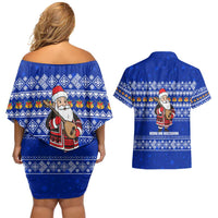 Bosnia and Herzegovina Christmas Couples Matching Off Shoulder Short Dress and Hawaiian Shirt with Santa Playing Traditional Instrument and Blue Snowflake Pattern - Wonder Print Shop