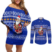 Bosnia and Herzegovina Christmas Couples Matching Off Shoulder Short Dress and Long Sleeve Button Shirt with Santa Playing Traditional Instrument and Blue Snowflake Pattern - Wonder Print Shop