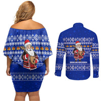 Bosnia and Herzegovina Christmas Couples Matching Off Shoulder Short Dress and Long Sleeve Button Shirt with Santa Playing Traditional Instrument and Blue Snowflake Pattern - Wonder Print Shop