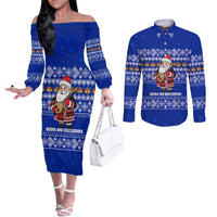 Bosnia and Herzegovina Christmas Couples Matching Off The Shoulder Long Sleeve Dress and Long Sleeve Button Shirt with Santa Playing Traditional Instrument and Blue Snowflake Pattern - Wonder Print Shop