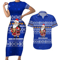 Bosnia and Herzegovina Christmas Couples Matching Short Sleeve Bodycon Dress and Hawaiian Shirt with Santa Playing Traditional Instrument and Blue Snowflake Pattern - Wonder Print Shop