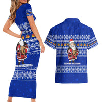 Bosnia and Herzegovina Christmas Couples Matching Short Sleeve Bodycon Dress and Hawaiian Shirt with Santa Playing Traditional Instrument and Blue Snowflake Pattern - Wonder Print Shop