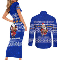 Bosnia and Herzegovina Christmas Couples Matching Short Sleeve Bodycon Dress and Long Sleeve Button Shirt with Santa Playing Traditional Instrument and Blue Snowflake Pattern - Wonder Print Shop