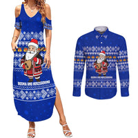 Bosnia and Herzegovina Christmas Couples Matching Summer Maxi Dress and Long Sleeve Button Shirt with Santa Playing Traditional Instrument and Blue Snowflake Pattern - Wonder Print Shop
