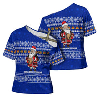 Bosnia and Herzegovina Christmas Cross Shoulder Shirt with Santa Playing Traditional Instrument and Blue Snowflake Pattern - Wonder Print Shop