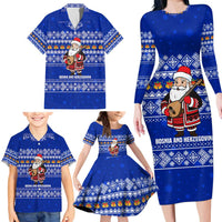 Bosnia and Herzegovina Christmas Family Matching Long Sleeve Bodycon Dress and Hawaiian Shirt with Santa Playing Traditional Instrument and Blue Snowflake Pattern - Wonder Print Shop